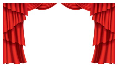 Kırmızı perdeler gerçekçi. Sinema veya opera salonu için ipek kumaş dekorasyonu. Perdeler ve perdeler iç dekorasyon objesi. Tiyatro sahnesi için saydam olarak izole edilmiş..