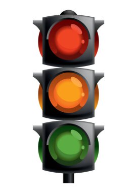Kırmızı, sarı ve yeşil renkli trafik ışığı. Düz vektör çizimi beyaz arkaplanda izole edildi.