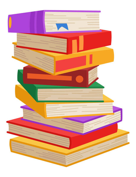 High book stacks or pile. Library textbooks and school literature heaps, dictionaries. Bookstore advertise. Cartoon stacked books angle view with different colorful covers isolated on white.