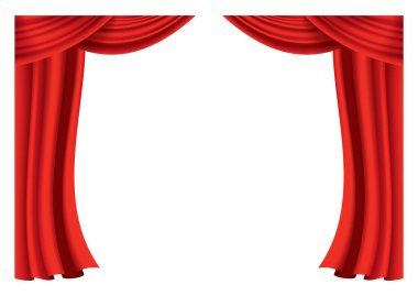 Kırmızı perdeler gerçekçi. Sinema veya opera salonu için ipek kumaş dekorasyonu. Perdeler ve perdeler iç dekorasyon objesi. Tiyatro sahnesi için saydam olarak izole edilmiş..