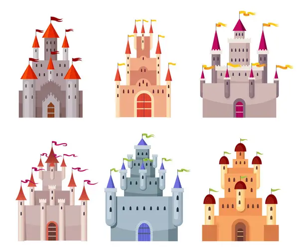 Fairy Tale Castle Set Medieval Royal Mansion Architecture Beautiful Fairy — Stock Vector