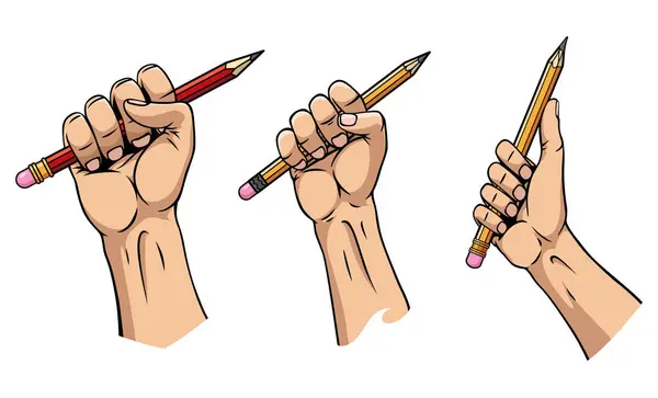 Tangan Tangan Memegang Set Pensil Konsep Kekuatan Seni Alat Untuk - Stok Vektor