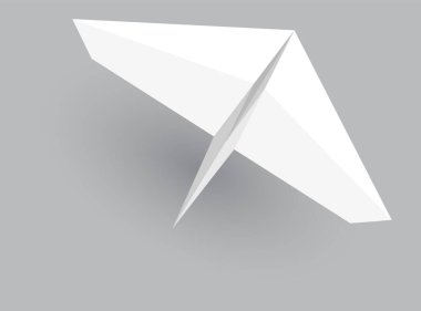 Kağıt uçak modeli. Origami el yapımı uçak görüntüsü. Gri arka planda izole edilmiş, gölgeli beyaz kağıt uçak.