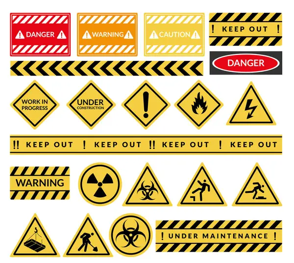 Conjunto Ícones Placas Aviso Perigo Cuidado Áreas Perigosas Sinais Amarelos Ilustrações De Stock Royalty-Free