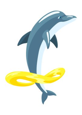 Yunus çizgi film karakteri. Hareket halindeki okyanus memelileri beyazı izole etti. Vahşi doğa hayvanı. Deniz yaşamının vektör çizimi mavi balık.