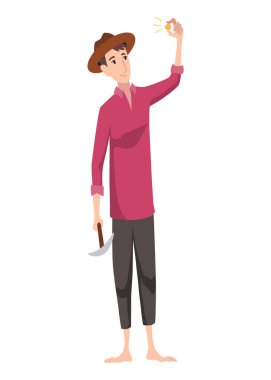 Altın madencisi. Kazıcı karakteri mineralleri ve altını çalışır halde buluyor, tam kazıyor. Altın madeni çıkarma. Çizgi film tarzında vektör illüstrasyonu.