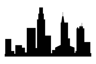 Şehir manzarası silueti. Şehir binası, gece kasabası ve yatay panorama silueti. Modern şehir manzarası. Tek renkli panoramik görünüm.