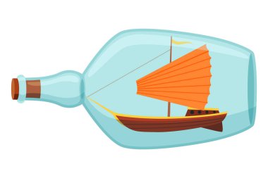 Şişedeki gemiler. İçinde nesne olan cam. Deniz gemisinin minyatür modeli. Hobi işi ve deniz teması. Dekoratif deniz hatırası, yelkenli gemisi..