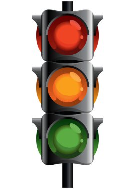 Kırmızı, sarı ve yeşil renkli trafik ışığı. Düz vektör çizimi beyaz arkaplanda izole edildi.