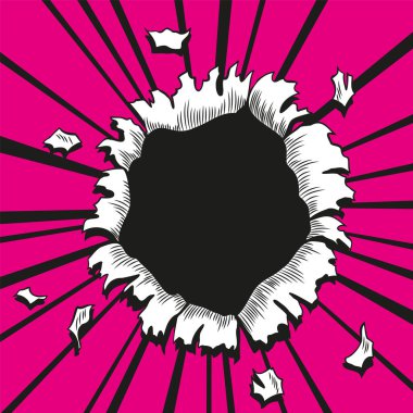 Comic book hole. Vector paper is torn through boom explosion. Circle hole in the middle on color background. Comic style cover template or flyer wallpapers. clipart
