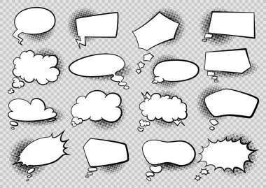 Çizgi roman konuşma balonları. Konuşma balonu ya da çizgi film tasarım elementleri beyaz arkaplanda izole edildi. Vektör illüstrasyonu.