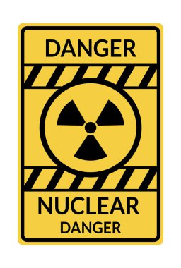 Tehlike uyarı panosu ikonu, radyasyon tehlikesi. Dikkat ve tehlikeli bölge. Güvenlik için sarı işaret, tehlike şoku. Tedbirli olun ve risk almayın. Vektör çizgi film illüstrasyonu.