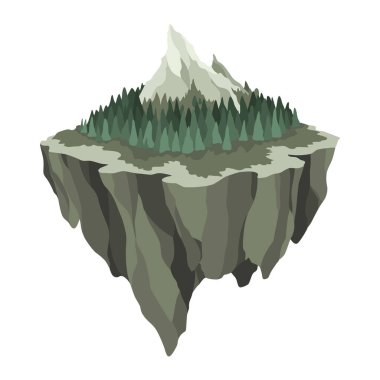 Uçan ada oyunu. Egzotik doğa oyun adasının uçan platformu. Fantezi bilgisayar veya mobil oyun için renkli düz vektör ögeleri.