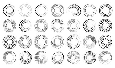 Yarım ton noktalı hız çizgileri dairesi ayarlandı. Daire şeklinde geometrik sanat. Yuvarlak girdap hareketi sembolleri. Yarım tonluk dairesel noktalı çerçeveler. Vektör tasarım ögeleri.