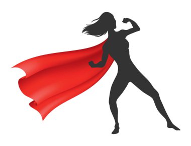 Kırmızı kumaş ipek pelerinli kadın süper kahraman silueti. Mantle kostümü ya da çizgi film vektör çizimi.