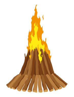 Şömine yakan tiplerden. Yanan odun, seyahat ve macera sembolü. Vektör şenlik ateşi ya da çizgi film tarzı tahta ateşi. Turist şenlik ateşi yığıldı..