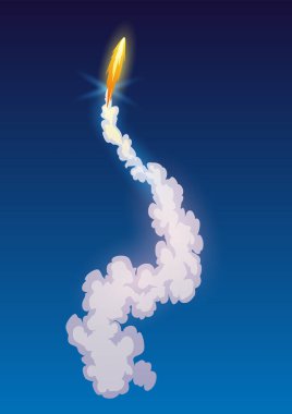 Roket izleri yangın dumanı, bulutlu uzay gemisi fırlatma, uzay efektleri. Galaksi mekiği veya uzay aracı motorunun uzay roketi. Çizgi film vektör illüstrasyonu.