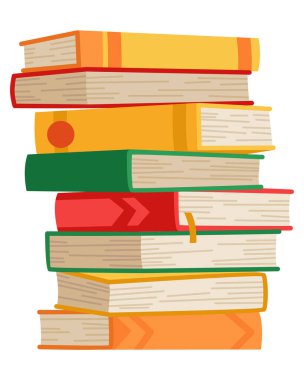 Yüksek kitap yığınları ya da yığın. Kütüphane ders kitapları, okul edebiyatı, sözlükler. Kitapçı reklamı. Çizgi roman yığınları beyaz üzerine izole edilmiş farklı renkli kapaklar ile açı görünümü.