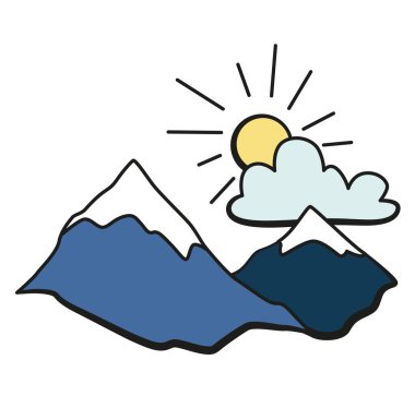 Karikatür duyusal organ göz ikonu için nesne. İnsan eğitim kavramını hisseder. Dağ ve bulutlu güneş. Vektör illüstrasyonu beyaz arkaplanda izole edildi.