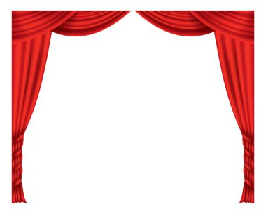 Kırmızı perdeler gerçekçi. Sinema veya opera salonu için ipek kumaş dekorasyonu. Perdeler ve perdeler iç dekorasyon objesi. Tiyatro sahnesi için saydam olarak izole edilmiş..
