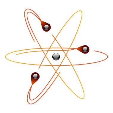 Nükleer enerji ikonunun atom sembolleri. Bilimsel araştırma ve moleküler kimya. Yörüngesel elektron çekirdeklerine, protonlara ve nötronlara sahip vektör atomik yapısı.