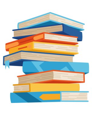 Yüksek kitap yığınları ya da yığın. Kütüphane ders kitapları, okul edebiyatı, sözlükler. Kitapçı reklamı. Çizgi roman yığınları beyaz üzerine izole edilmiş farklı renkli kapaklar ile açı görünümü.