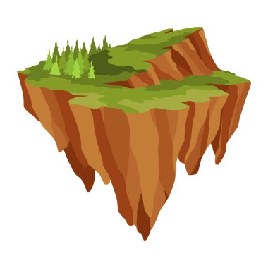 Uçan ada oyunu. Egzotik doğa oyun adasının uçan platformu. Fantezi bilgisayar veya mobil oyun için renkli düz vektör ögeleri.