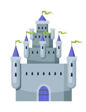 Peri masalı kalesi. Ortaçağ kraliyet konağı mimarisi. Prenses için güzel bir masal kulesi, tarihi güçlendirilmiş bina. Şövalye kalesi, hayal gücü. İzole edilmiş çizgi film vektör çizimi.