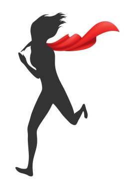 Kırmızı kumaş ipek pelerinli kadın süper kahraman silueti. Mantle kostümü ya da çizgi film vektör çizimi.