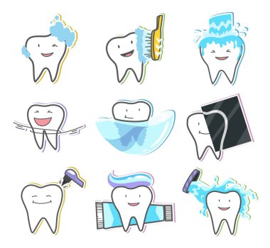 Diş tedavisi ve hijyen kavramları ayarlandı. Sağlıklı mutlu dişler. Vektör illüstrasyonu.
