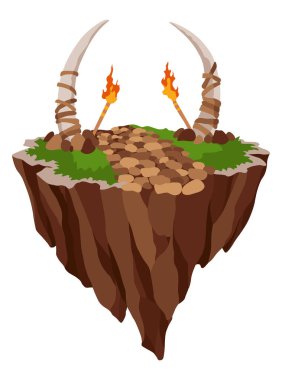 Uçan ada oyunu. Egzotik doğa oyun adasının uçan platformu. Fantezi bilgisayar veya mobil oyun için renkli düz vektör ögeleri.