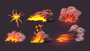 Çizgi film ateş oyunu efekti simgesi seti. ui tasarımı için sıcak alev çizgi romanı çizimi. Tehlikeli, yanıcı saldırı timi. Isı izi ile izole edilmiş ateş gücü..