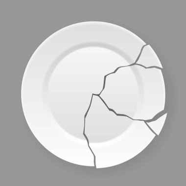 Kırık beyaz tabak. Parçalanmış yemek tabağı, çatlamış porselen tabak. Hasarlı bulaşık takımı. Beyaz arkaplanda simge izole edildi. Vektör illüstrasyonu.