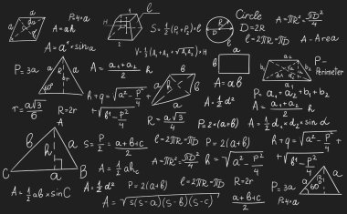 Geometri formülleri, bilim ve eğitim geçmişi. Tebeşir tahtası, fizik ve matematikte bilimsel formüller ve hesaplamalarla işlenmiş. Retro vektör illüstrasyonu.