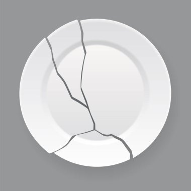 Kırık beyaz tabak. Parçalanmış yemek tabağı, çatlamış porselen tabak. Hasarlı bulaşık takımı. Beyaz arkaplanda simge izole edildi. Vektör illüstrasyonu.