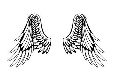 Kanatlılar skeci. Stilize kuş kanatları. Elle çizilmiş stiker kanadı açık pozisyonda. Renklendirme biçiminde vektör tasarımı ögeleri.