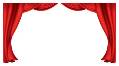 Kırmızı perdeler gerçekçi. Sinema veya opera salonu için ipek kumaş dekorasyonu. Perdeler ve perdeler iç dekorasyon objesi. Tiyatro sahnesi için saydam olarak izole edilmiş..