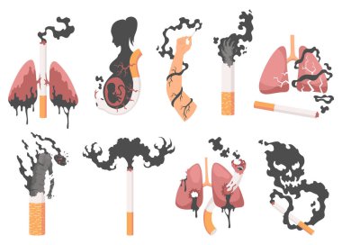 Sigara içme tehlikesi ikonu seti. Sigara içme ve sigara zehirlenmesiyle ilgili farkındalık. Erken organ hasarı oluşmuş. Sigara içmenin insan ciğerlerine etkisi. Sigara içmek insan organları için zararlıdır..