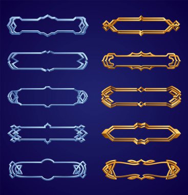 Ortaçağ oyunu. Eski tarzda boş dikdörtgen çerçeveler, arayüz ögeleri. Metalik pankartlar ya da dekoratif sınırlar. Boş dikdörtgen düğmelerden oluşan vektör çizgi film seti.