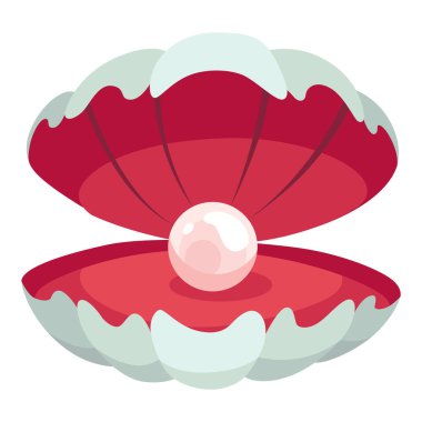 Deniz kabuğunda inci. Açık deniz kabuğu deniz tarağı ve inci kabuğu ikonu. Çizgi filmlerdeki gibi istiridye kabuklu güzel bir inci. Vektör illüstrasyonu beyaz arkaplanda izole edildi.