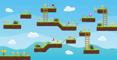 Oyun seviyesi haritası. Eski bilgisayar veya konsol için 2D video oyunu. Çizgi film bilgisayarı ya da atari salonu bonus parçalarla dolu, kale oyununa zıplayan yol. Vektör çizgi film illüstrasyonu.