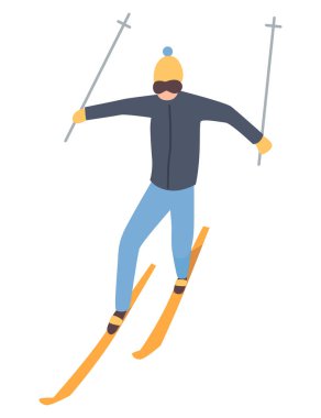 Dağ kayak merkezindeki adam. Kış web afişi tasarım elementi. Tatillerde ya da kış etkinliklerinde spor. Spor dağlardaki kayaklara iniyor. Vektör çizgi film illüstrasyonu.