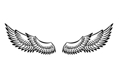 Kanatlılar skeci. Stilize kuş kanatları. Elle çizilmiş stiker kanadı açık pozisyonda. Renklendirme biçiminde vektör tasarımı ögeleri.