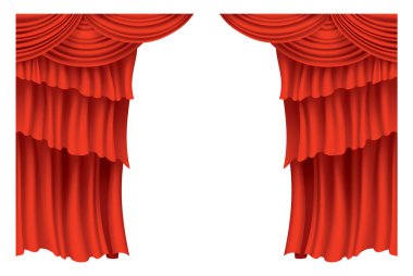 Kırmızı perdeler gerçekçi. Sinema veya opera salonu için ipek kumaş dekorasyonu. Perdeler ve perdeler iç dekorasyon objesi. Tiyatro sahnesi için saydam olarak izole edilmiş..