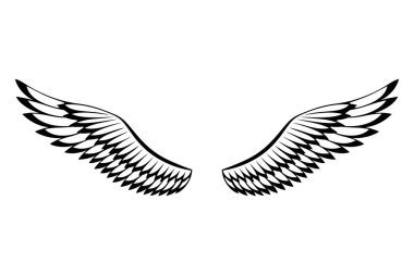 Kanatlılar skeci. Stilize kuş kanatları. Elle çizilmiş stiker kanadı açık pozisyonda. Renklendirme biçiminde vektör tasarımı ögeleri.