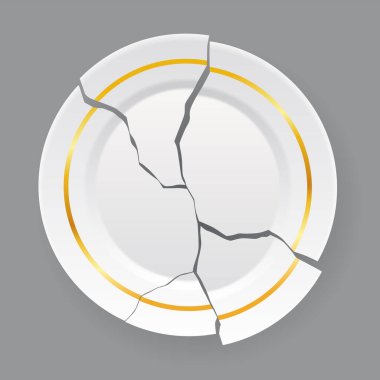 Kırık beyaz tabak. Parçalanmış yemek tabağı, çatlamış porselen tabak. Hasarlı bulaşık takımı. Beyaz arkaplanda simge izole edildi. Vektör illüstrasyonu.