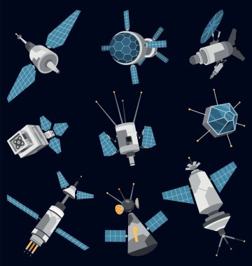 Karanlık, geniş bir uzay arkaplanına karşı çeşitli uzay araçları ve uydularının pikselsel bir tasviri