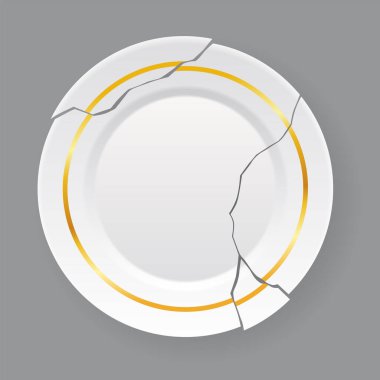 Kırık beyaz tabak. Parçalanmış yemek tabağı, çatlamış porselen tabak. Hasarlı bulaşık takımı. Beyaz arkaplanda simge izole edildi. Vektör illüstrasyonu.