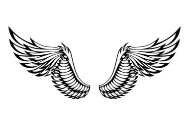 Kanatlılar skeci. Stilize kuş kanatları. Elle çizilmiş stiker kanadı açık pozisyonda. Renklendirme biçiminde vektör tasarımı ögeleri.