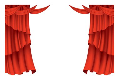 Kırmızı perdeler gerçekçi. Sinema veya opera salonu için ipek kumaş dekorasyonu. Perdeler ve perdeler iç dekorasyon objesi. Tiyatro sahnesi için saydam olarak izole edilmiş..